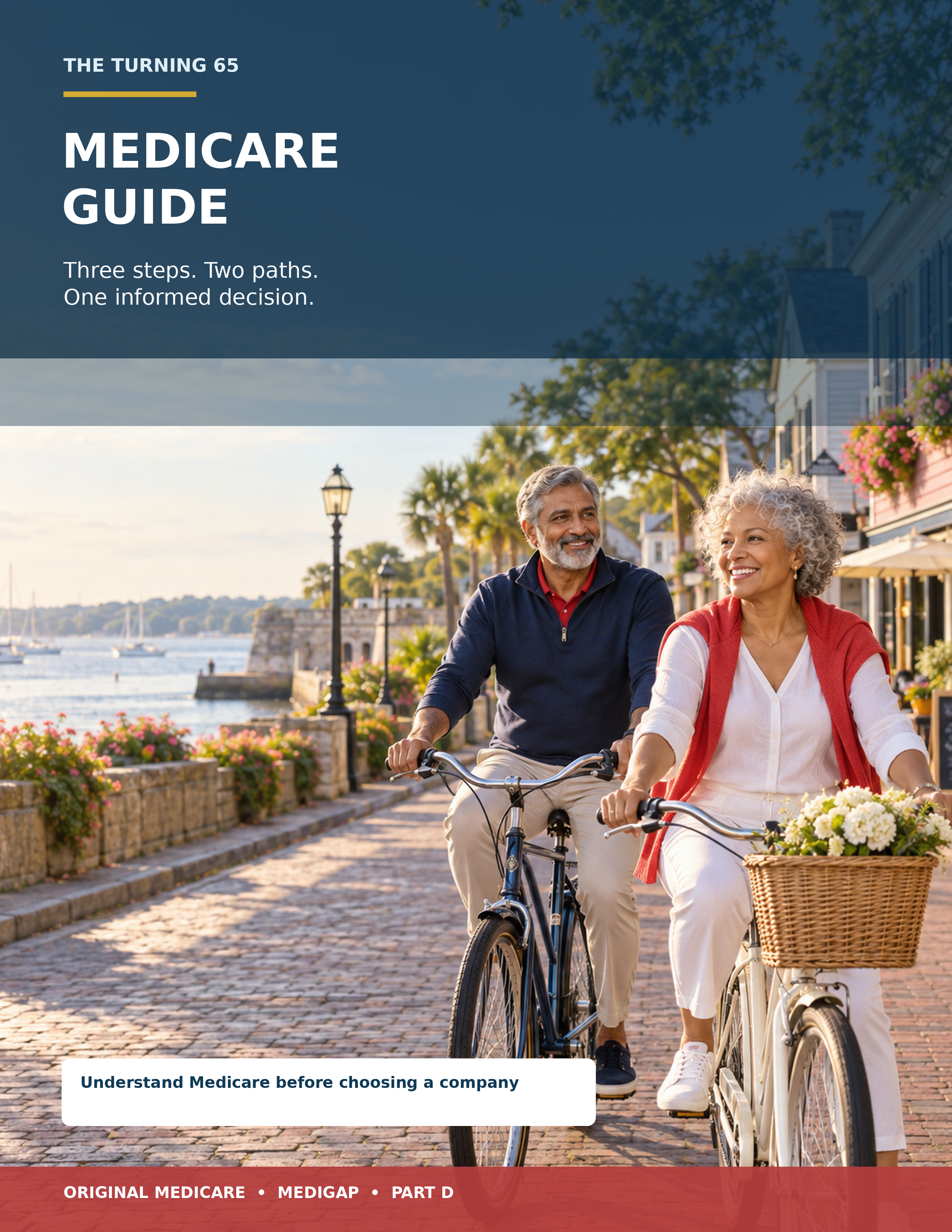 Turning 65 Medicare Guide cover featuring an active older couple cycling by the water